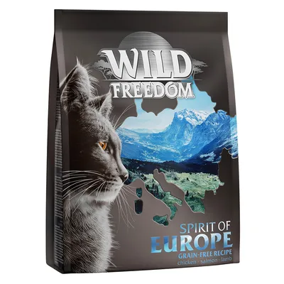 Confezione di crocchette per gatti Wild Freedom Spirit of Europe, ricetta senza cereali. Testo visibile: chicken, salmon, lamb.
