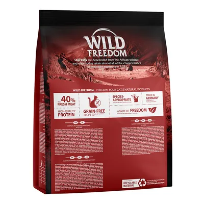 Wild Freedom kattenvoer, verpakking met tekst: min. 40% vers vlees, graanvrij recept, hoogwaardige eiwitten, soortspecifiek, gemaakt in Duitsland, recyclebaar materiaal.