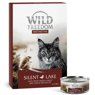 Wild Freedom Instinctive Silent Lake kattenvoer, verpakking met afbeelding van kat en meerlandschap, tekst: 'with fresh muscle meat, 100% grain-free recipe, 6 x 70g', blikje inbegrepen.
