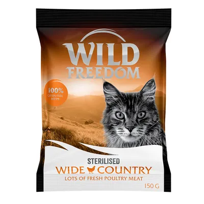 Wild Freedom Sterilised Wide Country kattenvoer, 100% grain-free recipe, lots of fresh poultry meat, verpakking van 150 g met afbeelding van een kat op de voorkant.