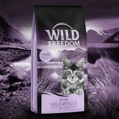 Sachet Wild Freedom Kitten Wild Hills, 100% grain-free recipe, lots of fresh poultry meat with duck, 6,5 kg. Image d’un chaton sur l’emballage.