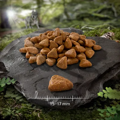 Dreieckige Kroketten auf Steinplatte, Maßangabe 15–17 mm sichtbar.