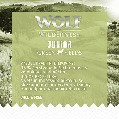 Wolf of Wilderness Junior Green Fields. 36 % čerstvého kuřecího masa v kombinaci s jehněčím, více bílkovin, složky pro chrupavky a vitamíny pro harmonický růst.