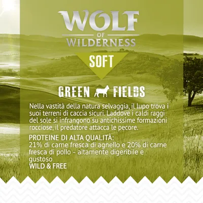 Wolf of Wilderness Soft Green Fields. Proteine di alta qualità: 21% carne fresca di agnello, 20% carne fresca di pollo, altamente digeribile e gustoso. Wild & Free.