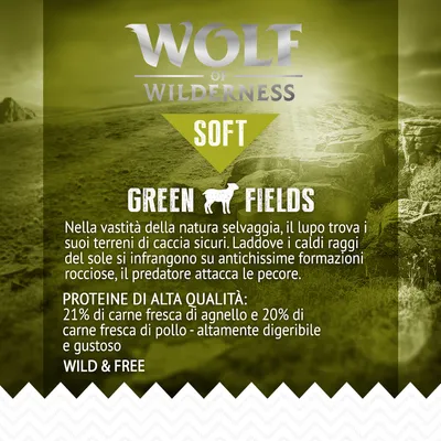 Wolf of Wilderness Soft Green Fields. Proteine di alta qualità: 21% carne fresca di agnello, 20% carne fresca di pollo, altamente digeribile e gustoso. Wild & Free.