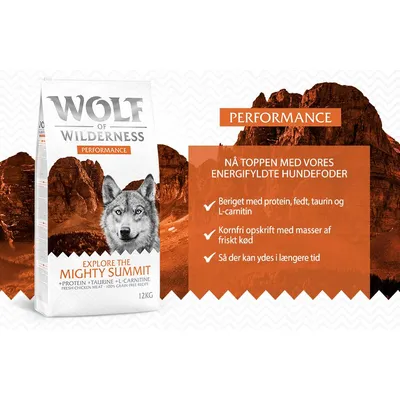 Wolf of Wilderness Performance hundefoder, Explore the Mighty Summit, 12 kg. Kornfri opskrift med frisk kød, beriget med protein, fedt, taurin og L-carnitin. Energifyldt foder.