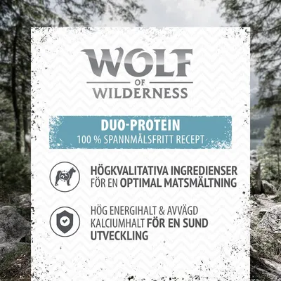 Wolf of Wilderness Duo-Protein, 100 % spannmålsfritt recept. Högkvalitativa ingredienser för en optimal matsmältning. Hög energihalt och avvägd kalciumhalt för en sund utveckling.