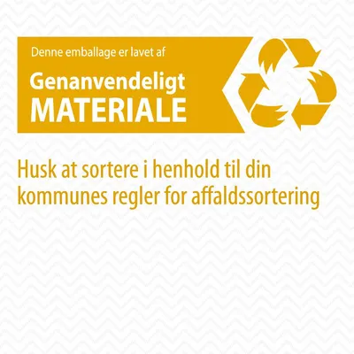 Denne emballage er lavet af genanvendeligt materiale. Husk at sortere i henhold til din kommunes regler for affaldssortering.