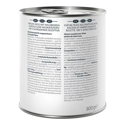 Boîte de 800 g de nourriture pour chiens, texte en français : chèvre frais aux fruits des bois, racines et herbes sauvages, recette 100 % sans céréales, composition et analyse nutritionnelle visibles.