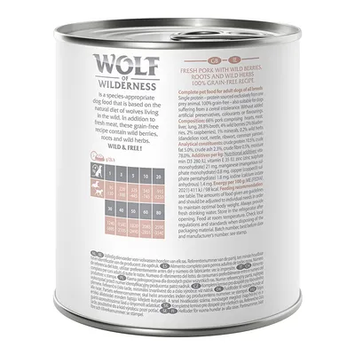 Wolf of Wilderness, tabela dawkowania karmy mokrej dla psów: waga psa 5–60 kg, dzienne porcje 320–3550 g. Skład analityczny: białko 10 %, tłuszcz 6 %, popiół 2,3 %, włókno 0,5 %.