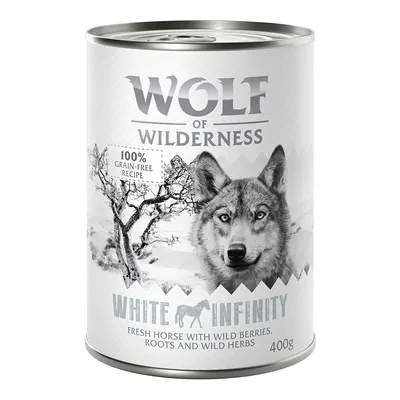 Wolf of Wilderness White Infinity koiran märkäruoka, 400 g. 100 % viljaton resepti. Fresh horse with wild berries, roots and wild herbs -teksti näkyvissä etiketissä.