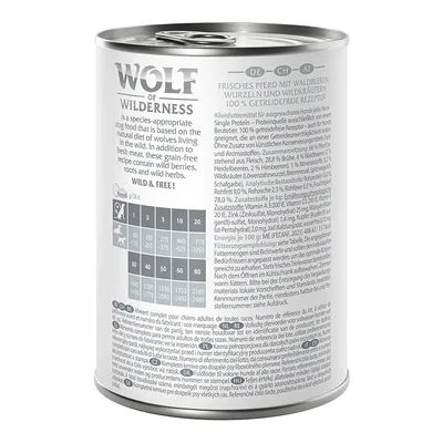 Wolf of Wilderness kutyatáp konzerv, friss lóhússal, erdei bogyókkal, gyökerekkel és vadon termő gyógynövényekkel, 100% gabonamentes recept. Etetési táblázat és összetevőlista látható.