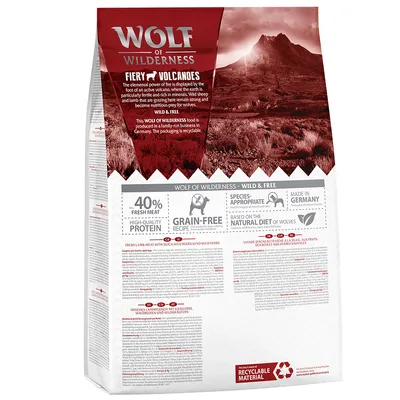 Wolf of Wilderness Fiery Volcanoes. 40% carne fresca, receta sin cereales, fabricado en Alemania, basado en la dieta natural de los lobos. Envase reciclable.