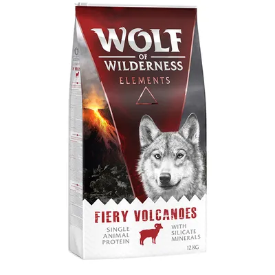 Wolf of Wilderness Elements Fiery Volcanoes, proteina animale singola, con minerali di silicato, 12 kg. Testo in inglese visibile sulla confezione.