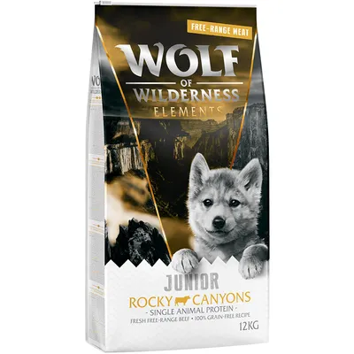 Wolf of Wilderness Elements Junior Rocky Canyons, proteina animale singola, manzo fresco allevato all'aperto, ricetta 100% senza cereali, 12 kg.