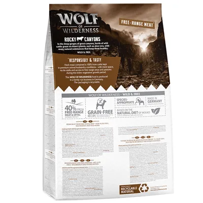 Wolf of Wilderness Rocky Canyons, 40 % fresh free-range meat & offal, grain-free, made in Germany, recette inspirée du régime naturel des loups, emballage recyclable, texte en anglais et allemand.