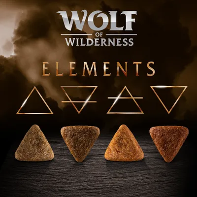 Wolf of Wilderness ELEMENTS, τέσσερα τριγωνικά κομμάτια ξηράς τροφής σκύλου σε διαφορετικές αποχρώσεις, γεωμετρικά σύμβολα στοιχείων πάνω από τα κομμάτια.