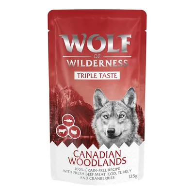 Wolf of Wilderness Triple Taste Canadian Woodlands, 100% χωρίς δημητριακά συνταγή με φρέσκο βοδινό, μπακαλιάρο, γαλοπούλα και κράνμπερι, 125g.