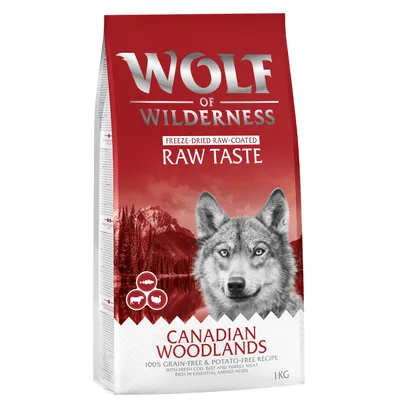 Wolf of Wilderness Freeze-Dried Raw-Coated Raw Taste Canadian Woodlands, 1kg. 100% grain-free & potato-free recipe with fresh cod, beef and turkey meat. Rich in essential amino acids.
