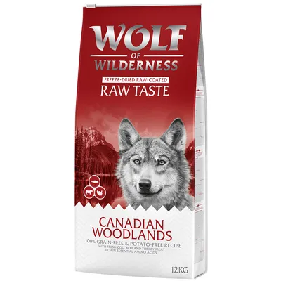 Wolf of Wilderness Freeze-Dried Raw-Coated Raw Taste Canadian Woodlands hondenvoer, 100% graanvrij en aardappelvrij, 12 kg zak. Tekst in het Engels zichtbaar op verpakking.