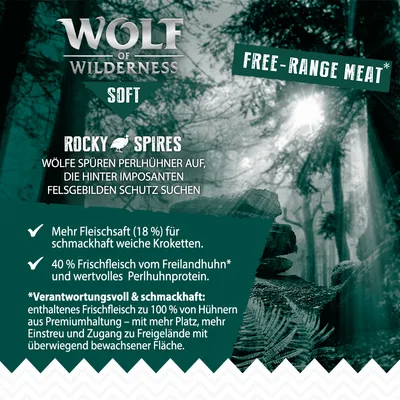 Wolf of Wilderness Soft Rocky Spires. Mehr Fleischsaft (18 %) für weiche Kroketten, 40 % Frischfleisch vom Freilandhuhn, verantwortungsvoll aus Premiumhaltung.