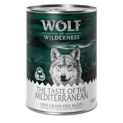 Wolf of Wilderness -purkki, The Taste of the Mediterranean, 100 % viljaton resepti tuoreella lampaanlihalla, kanalla, taimenella ja seljanmarjoilla, 400 g.