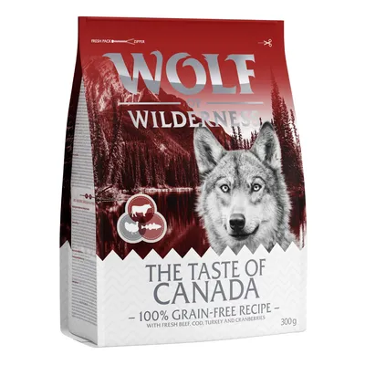 Wolf of Wilderness The Taste of Canada, 100% Grain-Free Recipe, 300 g. Z widocznym napisem: with fresh beef, cod, turkey and cranberries.