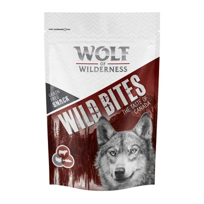 Sachet Wolf of Wilderness Wild Bites, texte visible : Grain Free Snack, The Taste of Canada, image de loup et pictogrammes d’animaux. Emballage refermable.