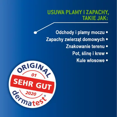Usuwa plamy i zapachy: odchody i plamy moczu, zapachy zwierząt domowych, znakowanie terenu, pot, ślinę i krew, kule włosowe. Certyfikat Original Dermatest Sehr Gut 2020.