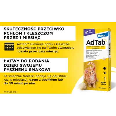 AdTab dla kotów 0,5–2,0 kg. Skuteczność przeciw pchłom i kleszczom przez 1 miesiąc. Łatwy do podania dzięki smakowi. Podawać doustnie raz w miesiącu z posiłkiem lub do 30 min po nim.