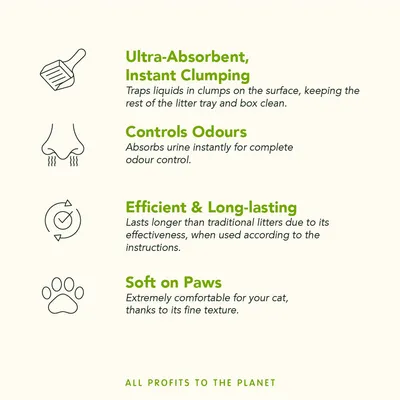 Ultra-absorbent, instant clumping; controls odours; efficient and long-lasting; soft on paws. All profits to the planet. Key features and benefits of litter product.