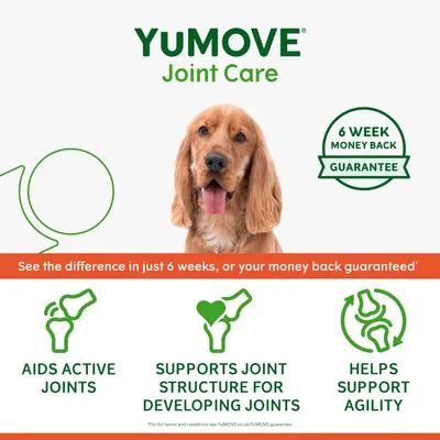 YuMOVE Joint Care with 6 week money back guarantee. See the difference in just 6 weeks or your money back. Aids active joints, supports joint structure, helps support agility.