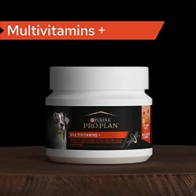 Envase de suplemento Purina Pro Plan Multivitamin MS+ para perros, con etiqueta negra y roja. Texto visible: 'Multivitamins +' en la parte superior izquierda de la imagen.