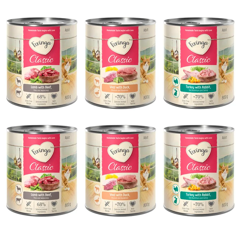Feringa Classic Meat Menu 24 x 800 g - Pack Ahorro - Pack mixto II: conejo y pavo, cordero y vacuno, pato y ternera