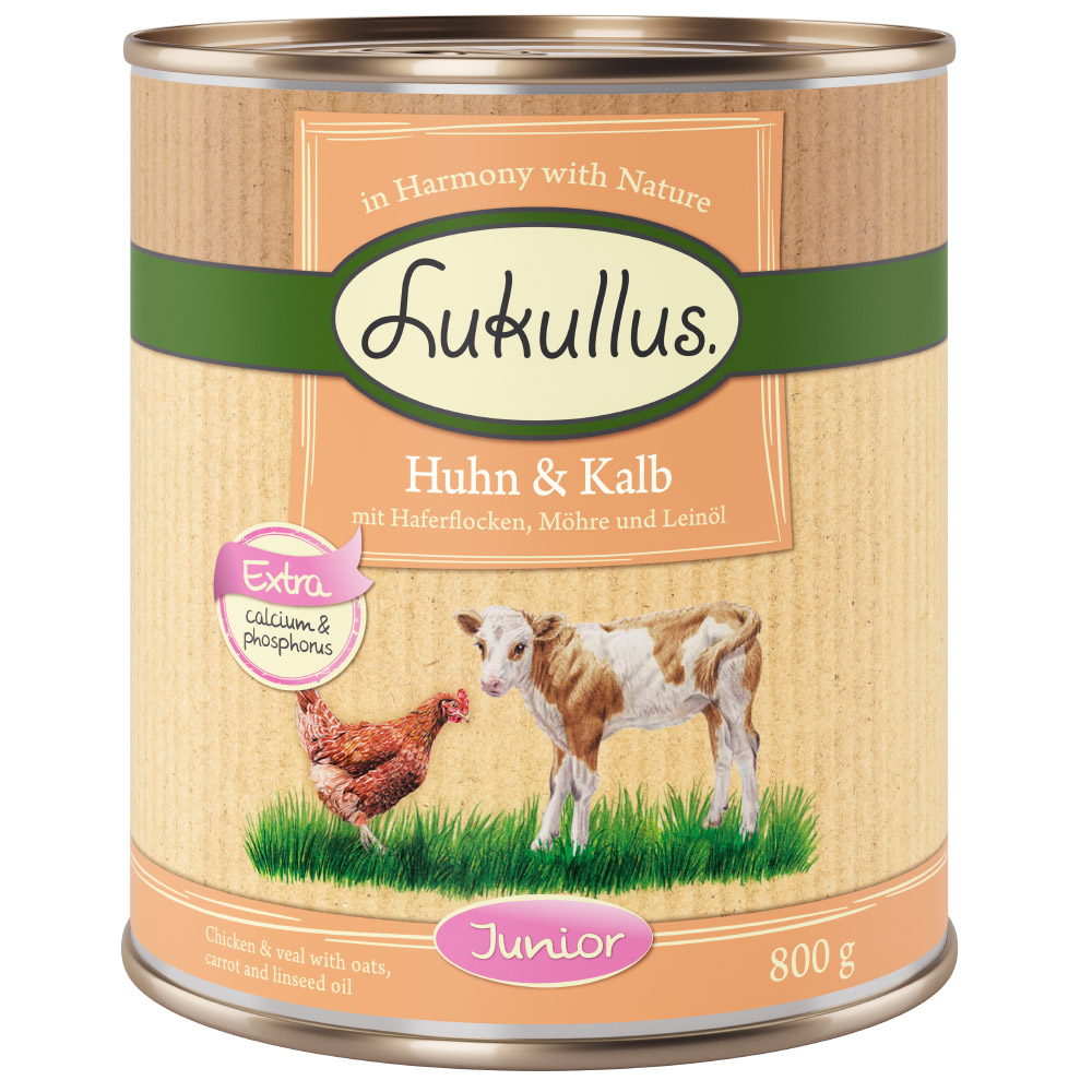 Ekonomipack: Lukullus Junior 24 x 800 g - Blandpack: Kalkonhj&auml;rta & lamm, Kyckling & kalv