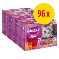 Whiskas Duo Classic Combos in gelatina, 96 buste con diversi gusti. Gatto raffigurato sulla confezione.