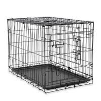 Gabbia in metallo con pareti a griglia e vaschetta in plastica rimovibile, adatta per pet. Due porte con sistema di chiusura visibile.