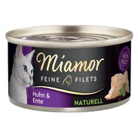 Miamor Feine Filets Thun & Krebsfleisch, Naturell, 100% Filet. Katzenfutter in Dose mit Abbildung von weisser Katze und Filetstücken.