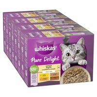 Whiskas Pure Delight ragù misto in gelatina, 96 buste con manzo, pollo, salmone e tonno. La confezione mostra un gatto e dettagli del prodotto.