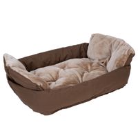 Letto per animali marrone con imbottitura beige morbida e lati rialzati per maggiore comfort.