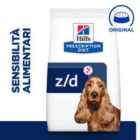 Confezione di Hill's Prescription Diet z/d per cani, scritta 'Sensibilità alimentari' a sinistra e simbolo ciotola con testo 'Original' in alto a destra.