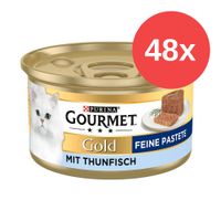 Purina Gourmet Gold Paté Fine con tonno, 48x lattina. Immagine di una lattina con dettagli del prodotto e foto di un gatto bianco.