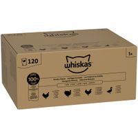 Whiskas selezione di pollame, 120 bustine in gelatina, adatto a gatti da 1 anno. 100% alimentazione equilibrata con pollo, anatra, tacchino e pollame.