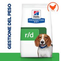 Confezione Hill's Prescription Diet r/d, scritta 'Gestione del peso' a sinistra, simbolo arancione di pollo in alto a destra.