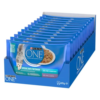 Purina ONE Spécial Chat d’Intérieur multipack, 4 x 85g pouches in blue box, visible cat image and food on plate, French text on packaging