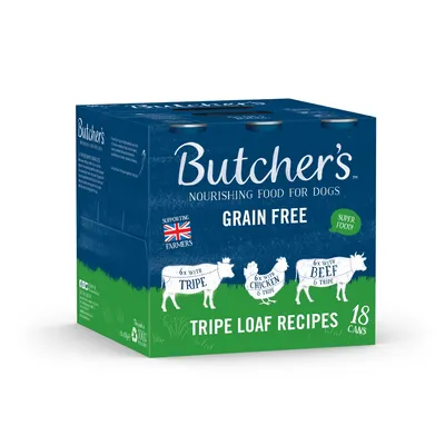 Butcher's nourishing food, grain free tripe loaf recipes, 18 cans. Includes 6 with tripe, 6 with chicken and tripe, 6 with beef and tripe. Supporting farmers, super food.
