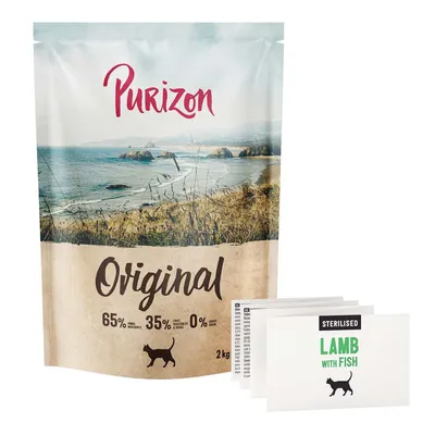 Purizon Original, 65% kød, 35% grøntsager, frugt og urter, 0% korn, 2 kg. Tørfoder til katte med fisk, synligt på bipakken.