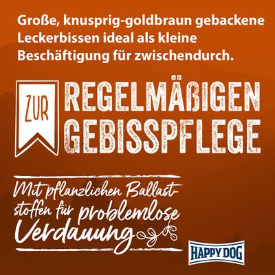 Happy Dog NaturCroq Hundekuchen, ohne Zucker, natürliche Zutaten, Dental Care Siegel, hergestellt in Deutschland.