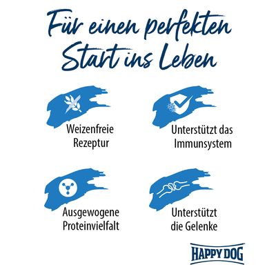 Für einen perfekten Start ins Leben: Weizenfreie Rezeptur, Unterstützt das Immunsystem, Ausgewogene Proteinvielfalt, Unterstützt die Gelenke. Happy Dog.