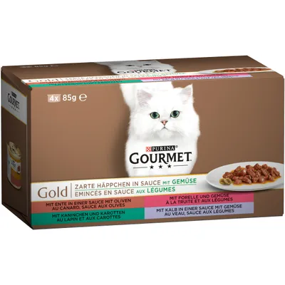 Purina Gourmet Gold kissan märkäruoka, 4 x 85 g annospakkaus. Pakkauksessa näkyy valkoinen kissa ja lautasella kastikkeessa olevia paloja. Tuotetiedot saksaksi ja ranskaksi.